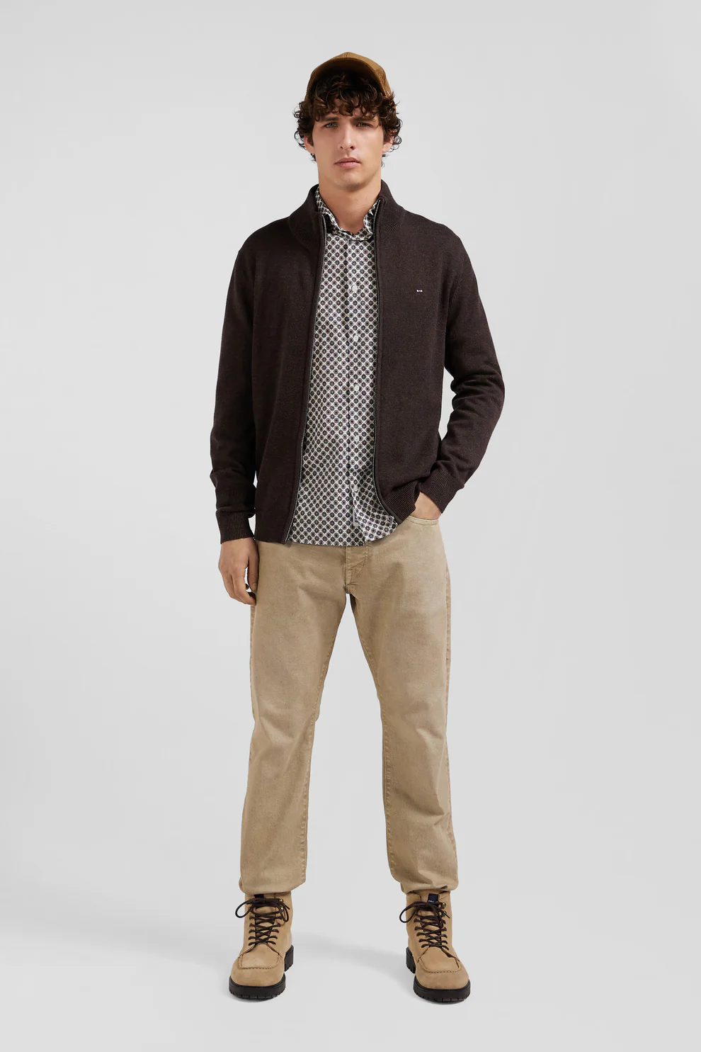 Featured image for “Cardigan zippé en laine et coton uni marron Eden Park”