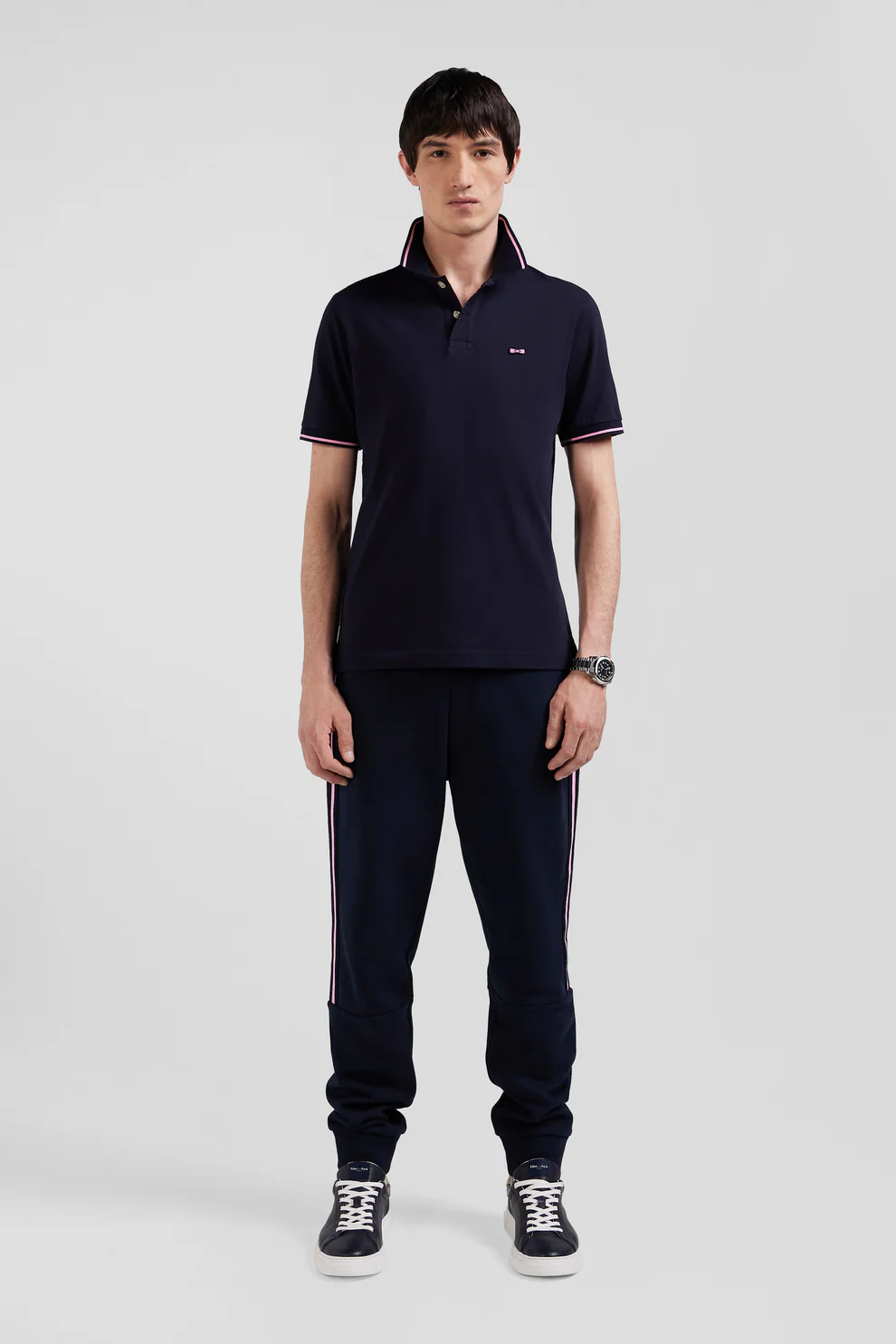 Featured image for “Polo manches courtes en coton stretch bleu marine col jacquard Eden Park coupe Slim”