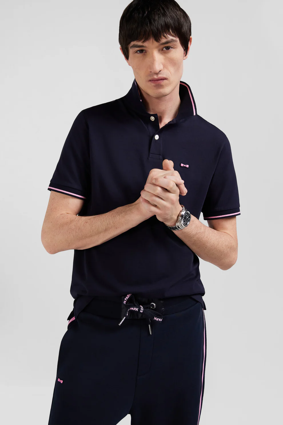 Featured image for “Polo manches courtes en coton stretch bleu marine col jacquard Eden Park coupe Slim”