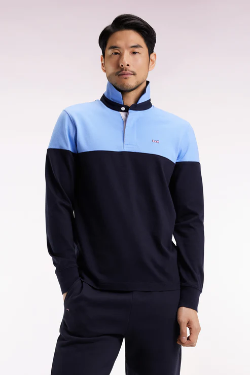 Featured image for “Maillot à manches longues en jersey bicolore marine et ciel coupe droite Eden Park”