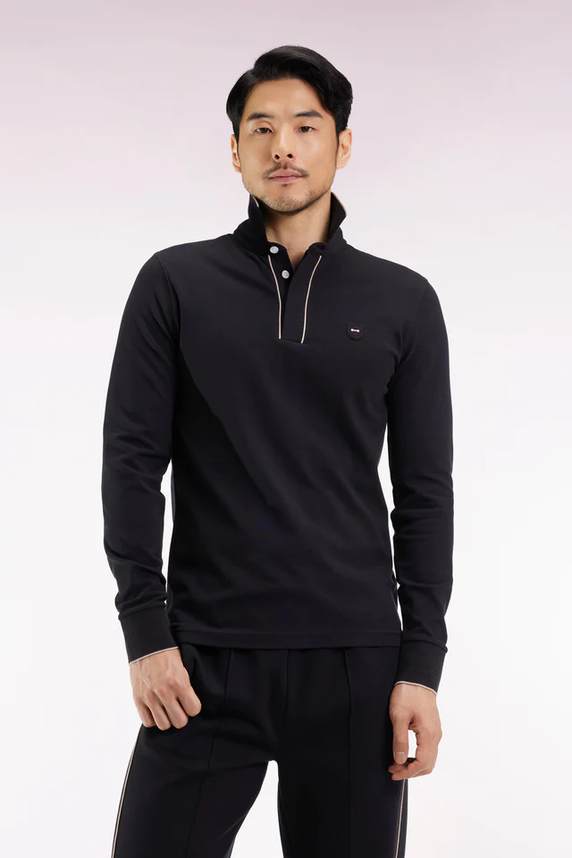 Featured image for “Polo à manches longues en coton stretch noir passepoilé coupe slim Eden Park”