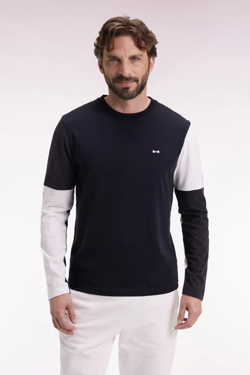 Featured image for “T-shirt à manches longues en coton noir colorblock blanc et gris Eden Park”