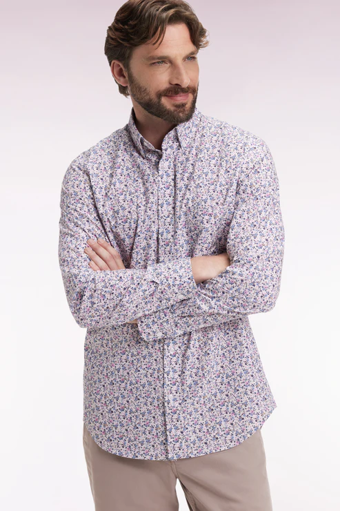 Featured image for “Chemise en coton beige à micro-motifs fleurs coupe droite Eden Park”