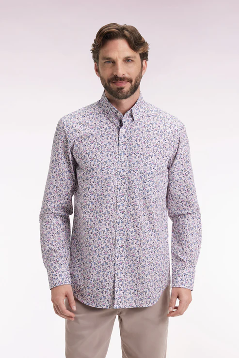 Featured image for “Chemise en coton beige à micro-motifs fleurs coupe droite Eden Park”