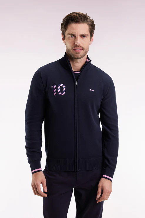 Featured image for “Cardigan zippé en coton marine broderie 10 marine coupe droite Coupe droite Eden Park”