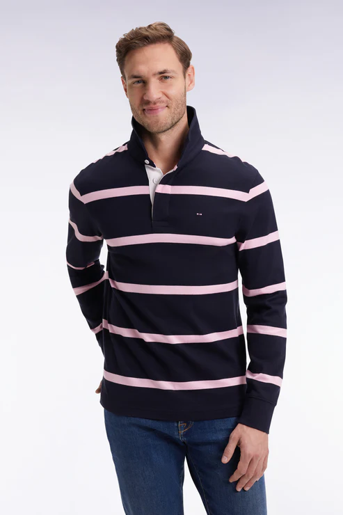 Featured image for “Maillot manches longues en jersey de coton marine à rayures roses Eden Park”