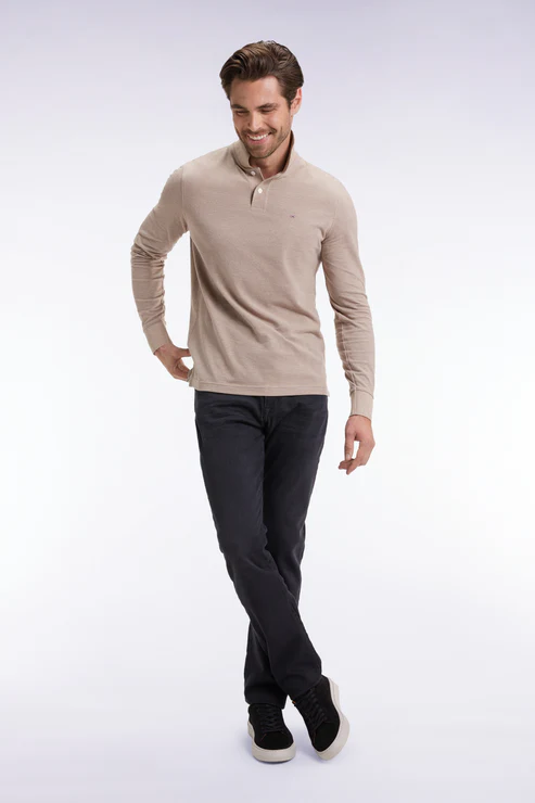 Featured image for “Polo à manches longues en coton chiné beige coupe droite Eden Park”