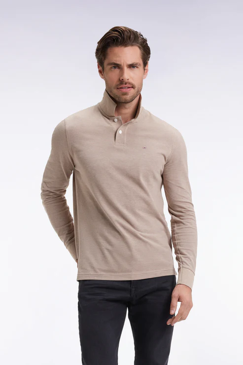 Featured image for “Polo à manches longues en coton chiné beige coupe droite Eden Park”