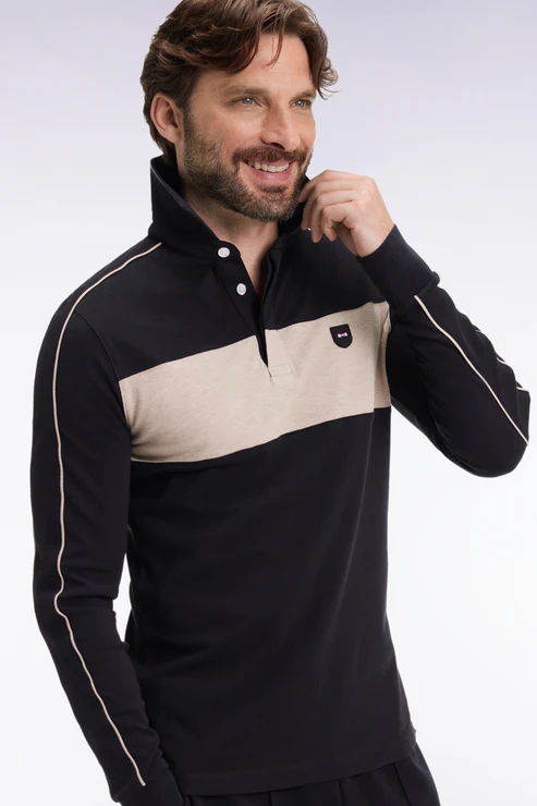 Featured image for “Polo tricolore à manches longues en coton stretch noir coupe slim Eden Park”