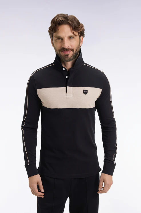 Featured image for “Polo tricolore à manches longues en coton stretch noir coupe slim Eden Park”