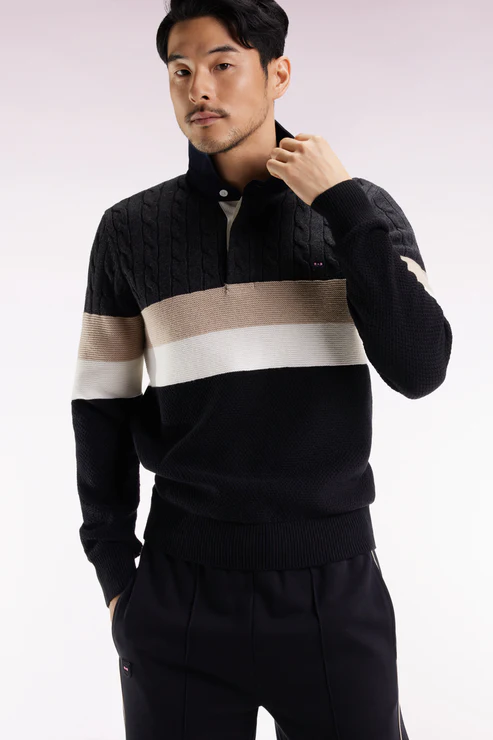 Featured image for “Pull col maillot en laine et coton torsadé noir et gris Eden Park”