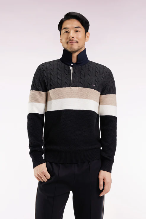 Featured image for “Pull col maillot en laine et coton torsadé noir et gris Eden Park”