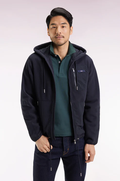 Featured image for “Sweatshirt zippé à capuche bimatière marine coupe droite Eden Park”