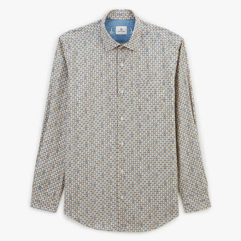 Featured image for “Chemise manches longues coton à motif losanges et pieuvres vert argile Serge Blanco”