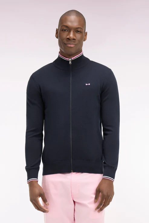 Featured image for “Cardigan zippé en coton marine à bords-côtes rayés Eden Park”