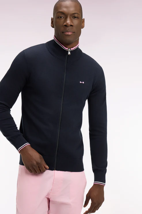 Featured image for “Cardigan zippé en coton marine à bords-côtes rayés Eden Park”