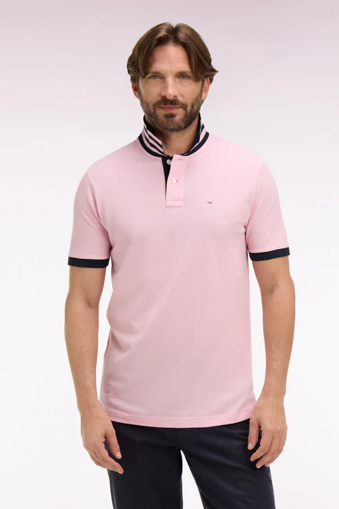 Featured image for “Polo manches courtes en piqué coton rose clair dessous de col rayé coupe slim Eden Park”