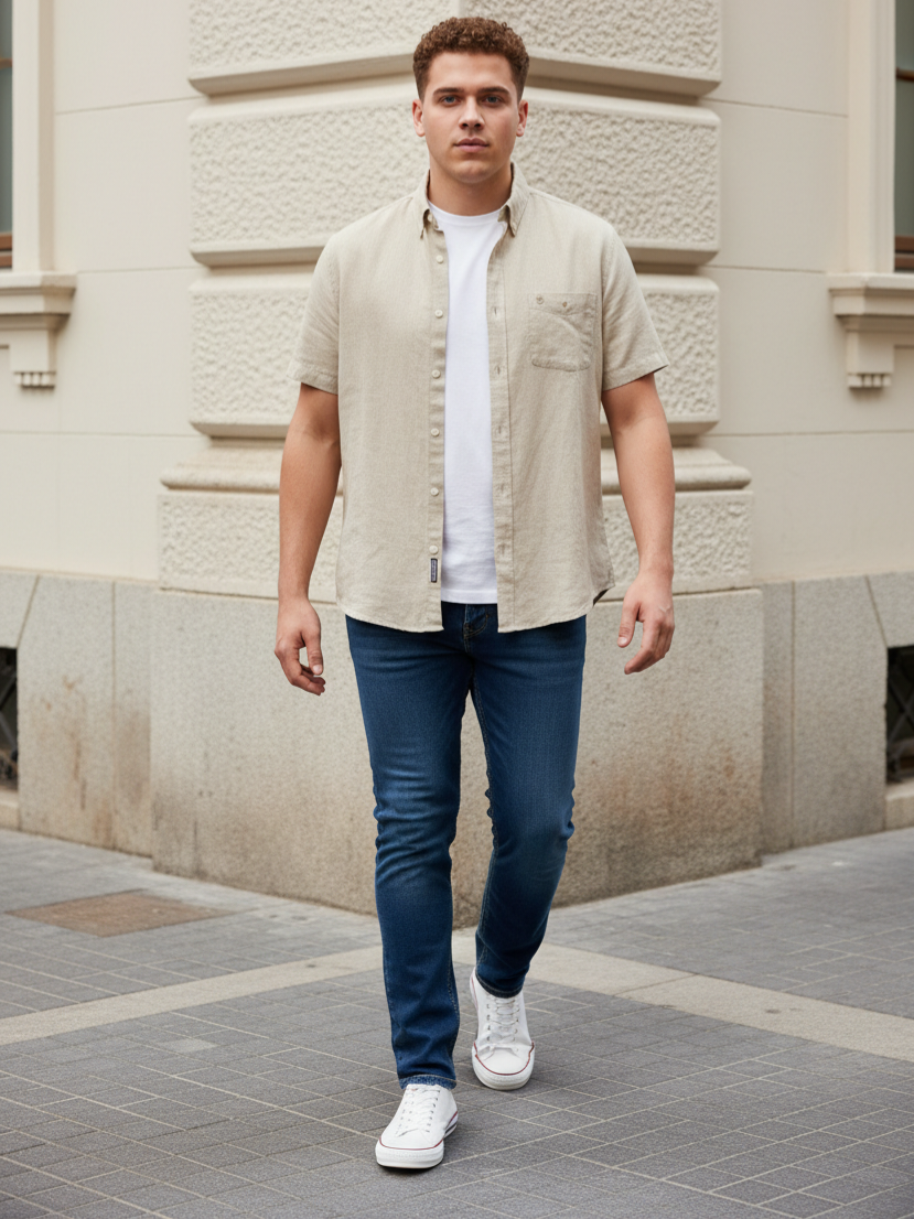 Featured image for “Chemise en lin beige manches courtes Serge Blanco”