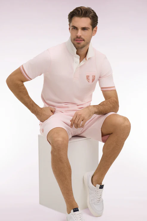Featured image for “Maillot à manches courtes en jersey de coton rose écusson brodé coupe regular Eden Park”