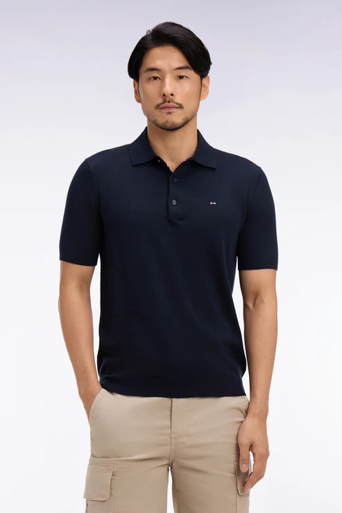 Featured image for “Pull manches courtes col polo en coton et soie mélangés marine Eden Park”