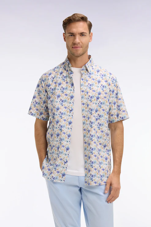 Featured image for “Chemise à manches courtes en popeline et chambray à motif floral bleu Eden Park”