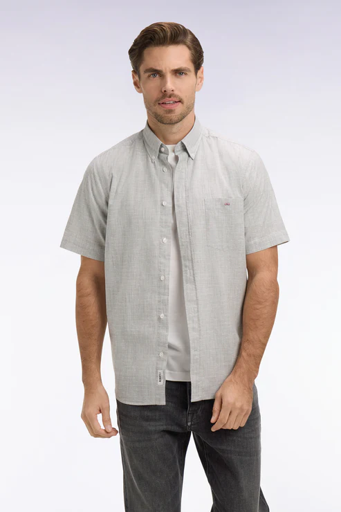 Featured image for “Chemise à manches courtes en coton jacquard rayé marine Eden Park”