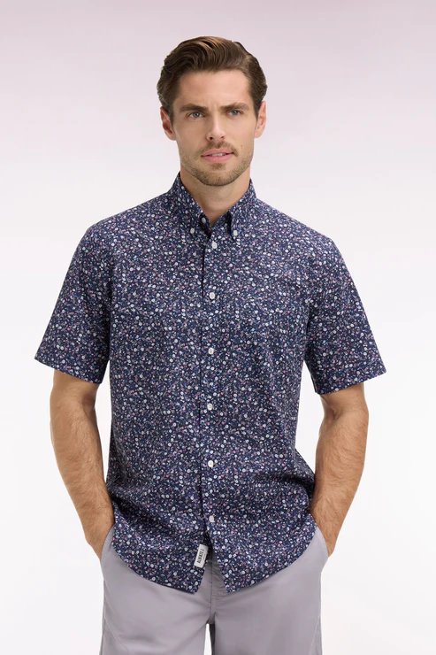 Featured image for “Chemise à manches courtes en popeline de coton à imprimé floral marine Eden Park”