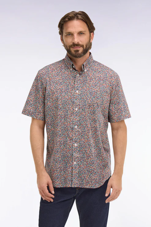 Featured image for “Chemise à manches courtes en coton orange à micromotif floral Eden Park”