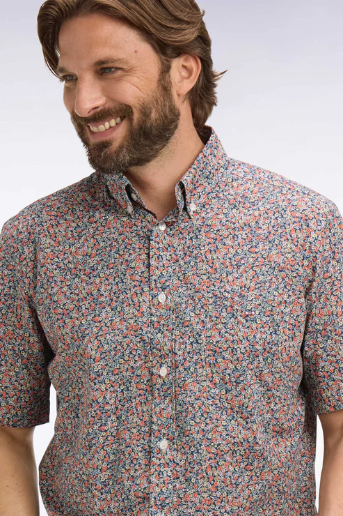 Featured image for “Chemise à manches courtes en coton orange à micromotif floral Eden Park”