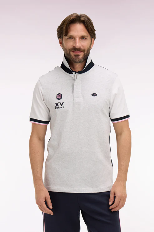 Featured image for “Maillot à manches courtes XV de France en coton gris et marine brodé coupe regular Eden Park”