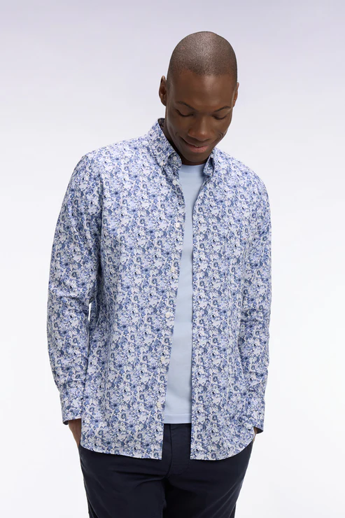 Featured image for “Chemise en popeline de coton bleu à motif floral Eden Park”