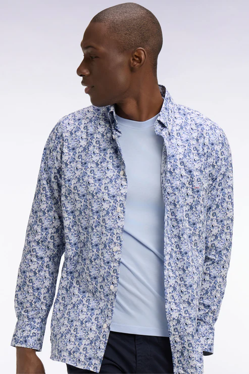 Featured image for “Chemise en popeline de coton bleu à motif floral Eden Park”