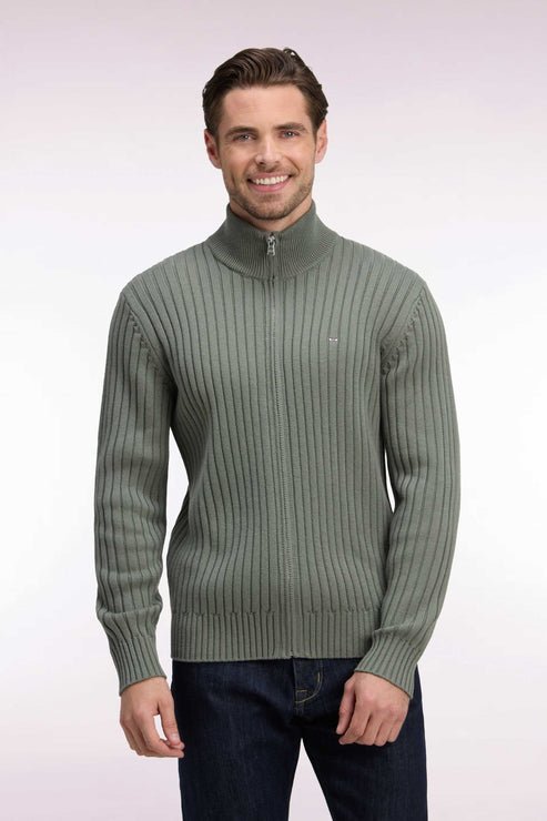 Featured image for “Cardigan zippé à col camionneur en laine et coton kaki côtelé coupe droite Eden Park”