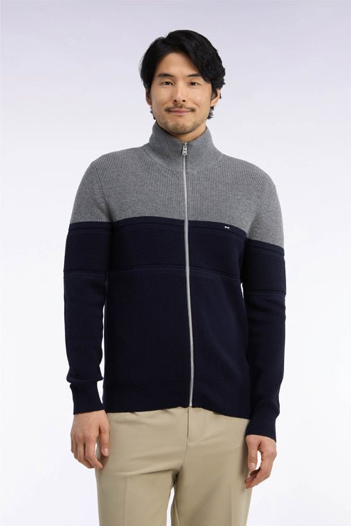 Featured image for “Cardigan zippé bicolore en laine mérinos marine et gris coupe droite Eden Park”
