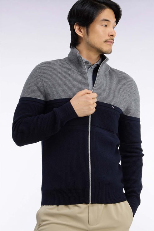 Featured image for “Cardigan zippé bicolore en laine mérinos marine et gris coupe droite Eden Park”