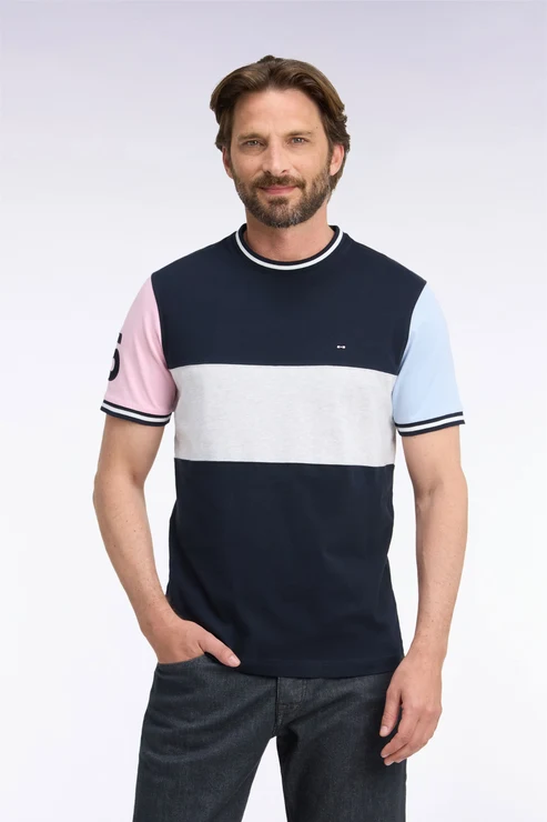 Featured image for “T-shirt manches courtes en coton marine à découpes contrastées coupe droite Eden Park”