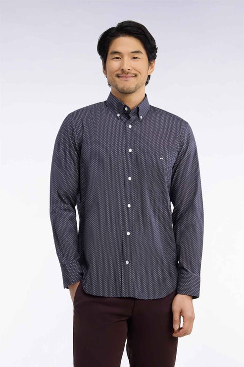 Featured image for “Chemise en popeline de coton marine à micromotifs bleus coupe droite Eden Park”