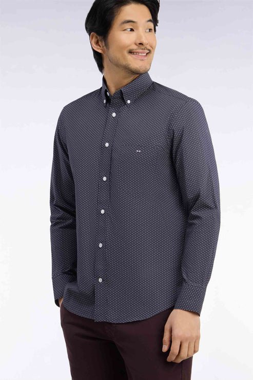 Featured image for “Chemise en popeline de coton marine à micromotifs bleus coupe droite Eden Park”