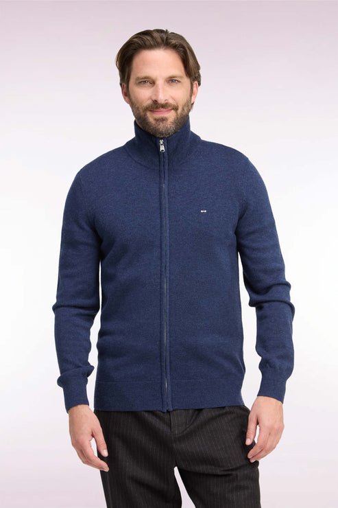 Featured image for “Cardigan zippé en laine et coton bleu coupe droite Eden Park”