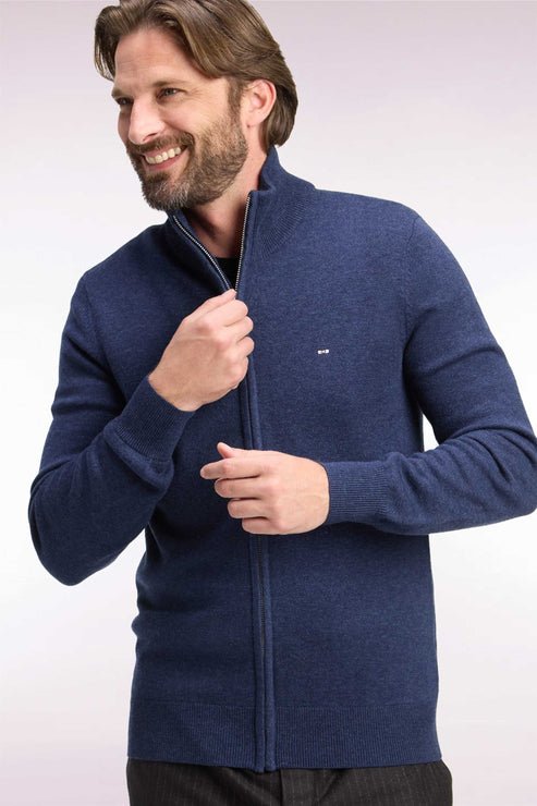 Featured image for “Cardigan zippé en laine et coton bleu coupe droite Eden Park”