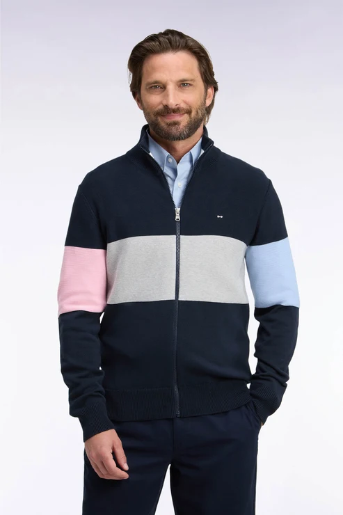 Featured image for “Cardigan zippé à col camionneur en coton marine à découpe coupe droite Eden Park”
