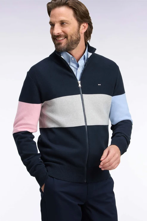 Featured image for “Cardigan zippé à col camionneur en coton marine à découpe coupe droite Eden Park”