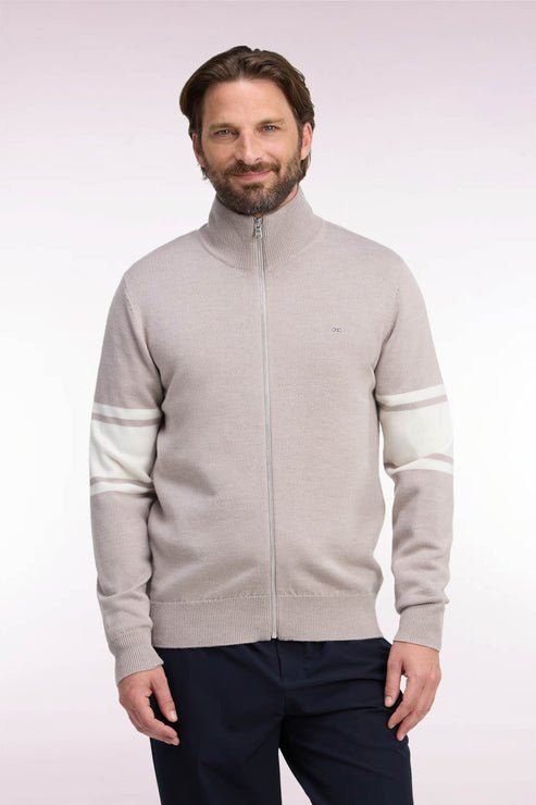 Featured image for “Cardigan zippé en laine mérinos beige à manches rayées coupe droite Eden Park”