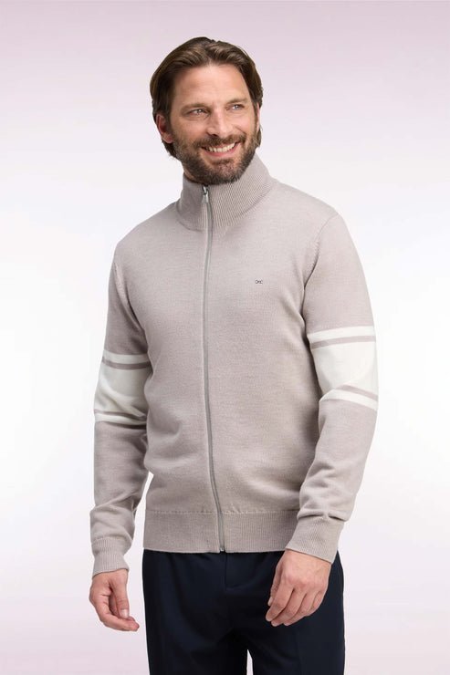 Featured image for “Cardigan zippé en laine mérinos beige à manches rayées coupe droite Eden Park”