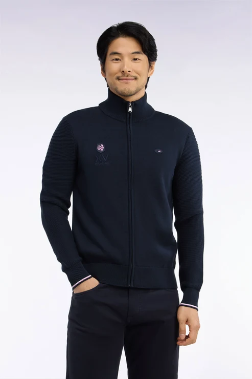 Featured image for “Cardigan XV de France zippé en jersey coton marine brodé coupe droite Eden Park”
