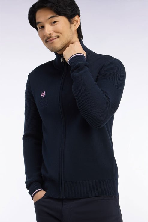 Featured image for “Cardigan XV de France zippé en jersey coton marine brodé coupe droite Eden Park”