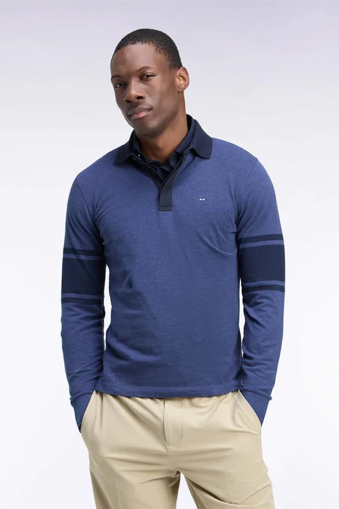 Featured image for “Polo à manches longues en piqué coton bleu et marine coupe droite Eden Park”