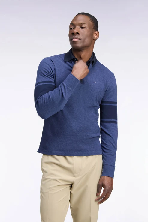 Featured image for “Polo à manches longues en piqué coton bleu et marine coupe droite Eden Park”