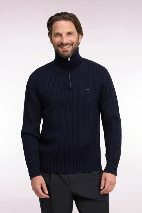 Featured image for “Pull col camionneur en laine et coton marine côtelé coupe droite Eden Park”