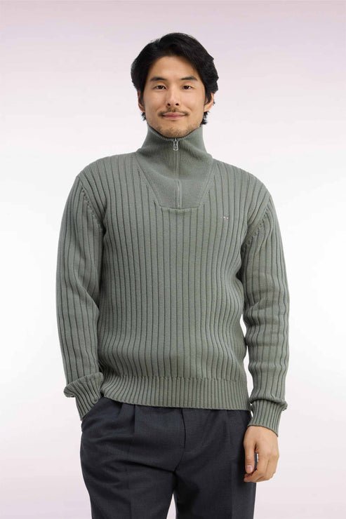 Featured image for “Pull col camionneur en laine et coton vert olive côtelé coupe droite  Eden Park”